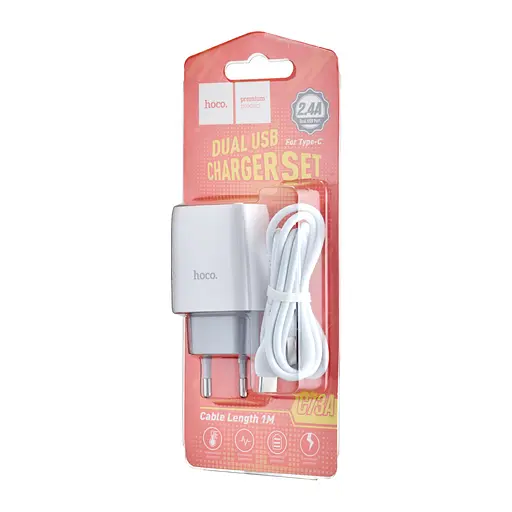 Сетевое зарядное устройство Hoco C73A Glorious dual port charger set ( Type-C ) ( EU ) Белый - фото 2