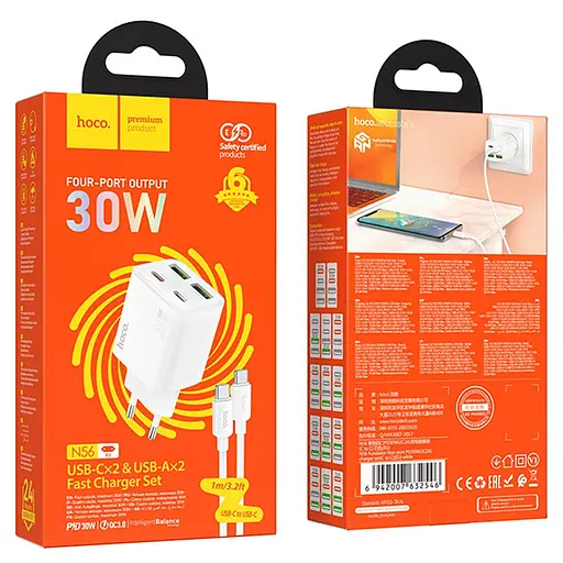 СЗУ Hoco N56 Fundador PD30W four-port (2USB-A/2C) + кабель Type-C to Type-C - фото 4