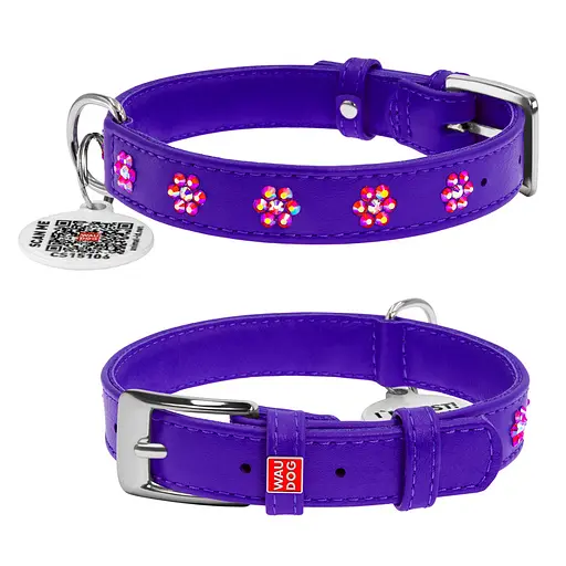 Ошейник для собак кожаный Waudog Glamour с QR-паспортом с клеевыми стразами "Цветы" Ш 20 мм Д 30-39 см