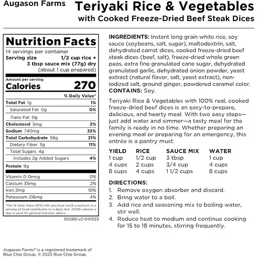 Рис терияки с овощами и кусочками говядины Augason Farms с большим сроком годности 25 лет 14 порций - фото 3