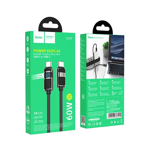 Кабель Hoco U137 Line 60W charging data cable with display Type-C to Type-C Чорний - фото 2