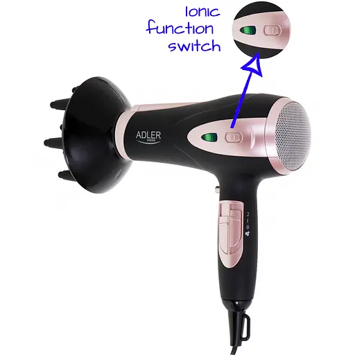 Фен Adler AD 2248 black 2200Вт/ 2 швидкості/ хол.обдув/ темп.режимів-3/ іонізація/ насадки - 2 шт. - фото 7