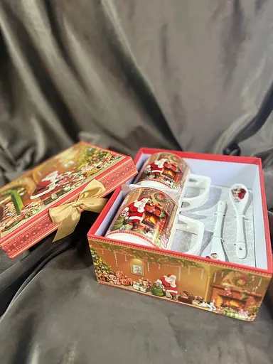 Чайний набір з ложками Новорічні подарунки кераміка у подарунковій коробці 280 мл Червоний 2 чашки - фото 3