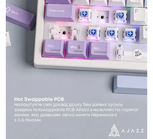 Клавиатура игровая механическая беспроводная Ajazz AK-650WP White-Purple RGB Flying Fish Switch Hot-Swap 2.4G/Bluetooth/USB - фото 8