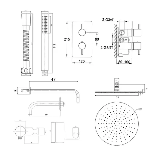 Душева система Kohlman Axel 25 graphite з термостатом + BOX прихованого монтажу KPL-QW433AG25, Графіт - фото 7