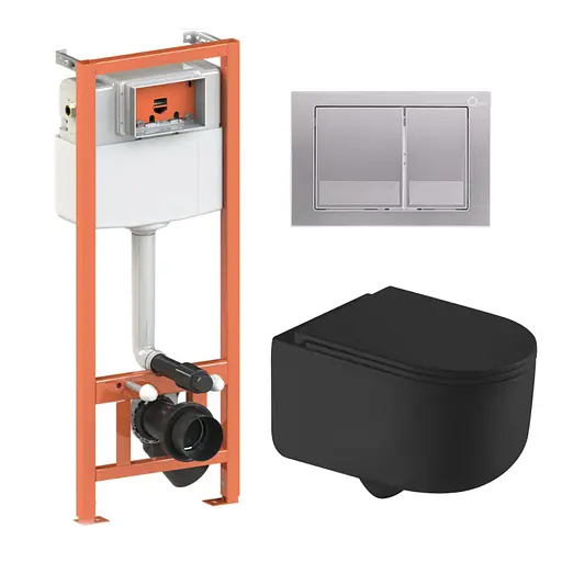 Подвесной унитаз Qtap Taurus Ultra Quiet + инсталляция Qtap Nest 4 в 1 (квадратная клавиша Satin), Черный - фото 1