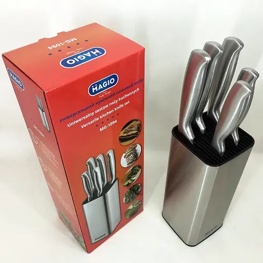 Універсальний набір 5 кухонних ножів з підставкою ножі з нержавіючої сталі для кухні Magio MG-1094 Сірий - фото 8