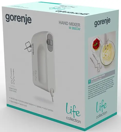 Міксер Gorenje M360CW, White, 345W, ручний, 5 швидкостей, насадки: вінчики та гаки для тіста, турбо-режим - фото 6