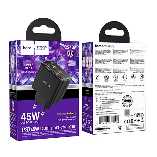Сетевое зарядное устройство Hoco CS43A 2 Type-C PD 45W черный - фото 6