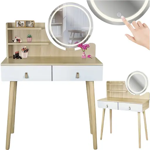 Туалетний столик Jumi Scandi LED підсвітка, з шухлядами, шкіряні ручки, світлий бук - фото 2