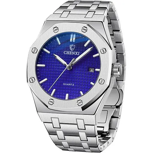 Мужские наручные часы Tiong Нержавеющая сталь Дата Водонепроницаемые аналоговые кварцевые часы Серебристо-голубые часы