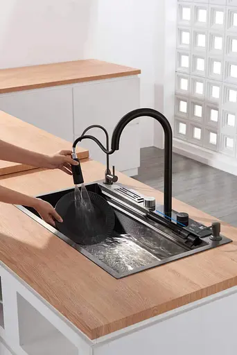 Cмеситель для кухни с водопадом и выдвижной лейкой нержавеющий черный Nett OB-38 - фото 3