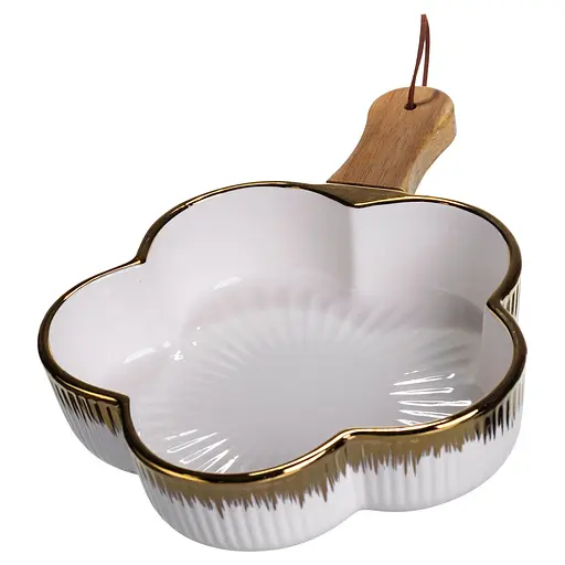 Тарелка фарфоровая глубокая с ручкой Цветок 27×20×5 (см) сервировочное блюдо с ручкой для подачи тарелка сковорода Золото Yiwu ZJH-13-2 - фото 2