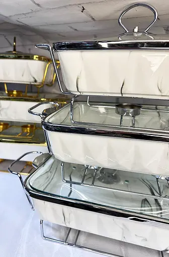 Набор из 3-х мармитов керамических прямоугольных Kitchen с крышками из стекла Бело Серебристый - фото 6