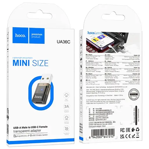 Адаптер Hoco UA36C USB male to Type-C female USB 2.0 transparent adapter Черный - фото 2