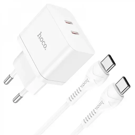 Сетевое зарядное устройство Hoco N29 с быстрой зарядкой 2хType-C PD 35W с кабелем Type-C - Type-C белый