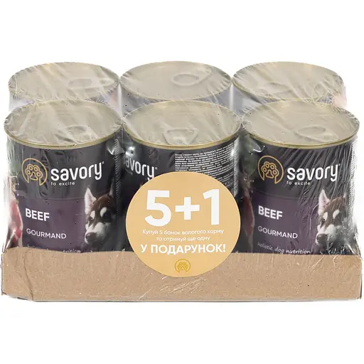 Корм влажный для взрослых собак всех пород Savory Dog Gourmand Beef паштет с говядиной набор 5+1, 400 г 