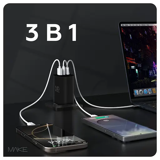 Зарядний пристрій мережевий MAKE 65W GaN3 2xType-C PD3.0 + USB QC4.0 Black - фото 2
