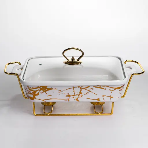 Мармітниця порцелянова Yiwu прямокутна на металевій підставці 35.5х19х15.5 см марміт настільний для перших страв LT-3PCS-13 - фото 1