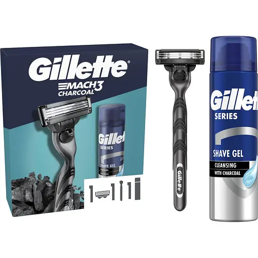 Подарочный набор: Станок для бритья мужской Gillette Mach3 Charcoal с 1 сменным картриджем + Гель для бритья Gillette Series Очищающий с углем 200 мл - фото 1