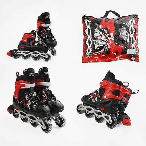 Роликові ковзани, розмір 29-33, PVC колеса, устілка 16-19 см, червоний, INLINE SKATE, 21895-S