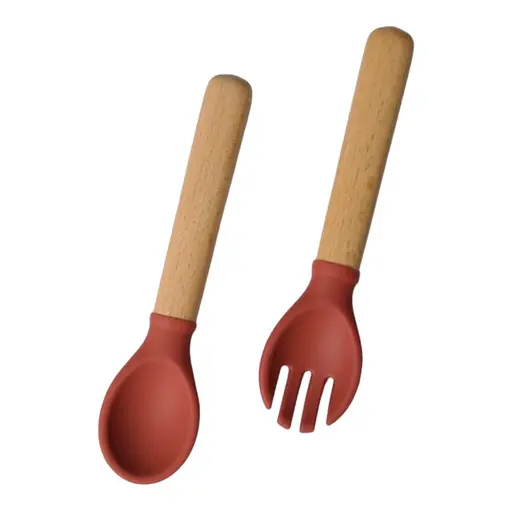 Прилади силіконові дитячі OldBro ложка та вилка з дерев'яною ручкою, red - фото 1