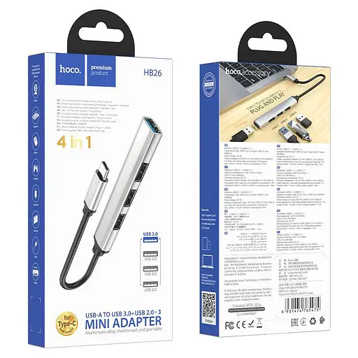 Usb-хаб Hoco HB26 4 in 1 adapter (Type-C to Usb3.0+Usb2.0x3) Серебристый - фото 3