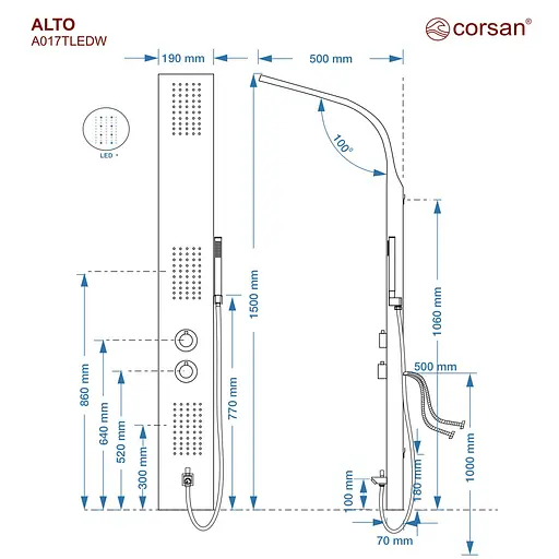 Душова панель Corsan Alto black LED з виливом та термостатом A017TBLLEDW, Чорний матовий - фото 2