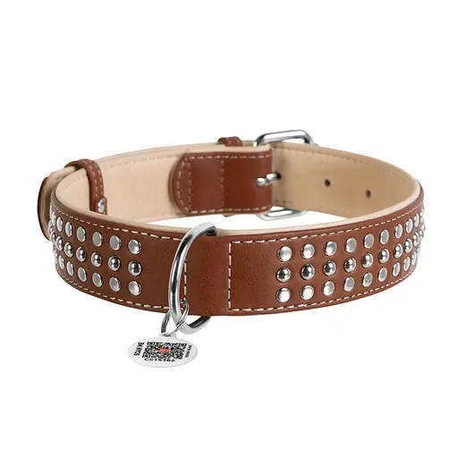 Нашийник для собак шкіряний Waudog Soft з QR-паспортом металічні прикраси Ш 35 мм Д 46-60 см коричневий - фото 2