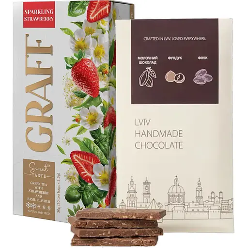 Набор: зеленый чай Graff Sparkling Strawberry с ароматом клубники и базилика 20 шт. x 1.5 г + шоколад Львівська Майстерня Шоколаду молочный с ореховой начинкой 78 г