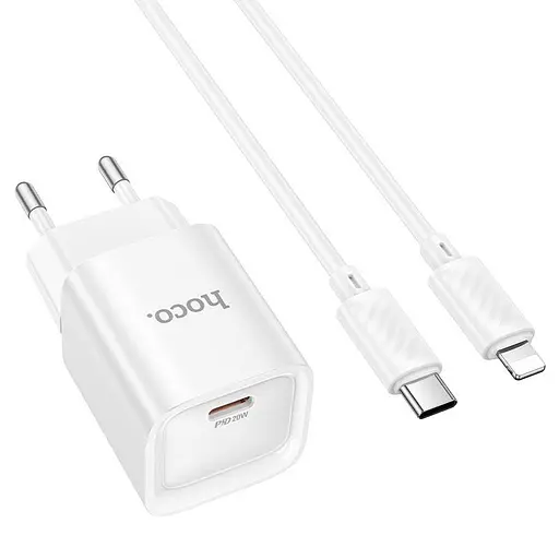 Мережевий зарядний пристрій Hoco C146A Charm single port PD20W charger set(Type-C to iP)(EU) Білий - фото 1