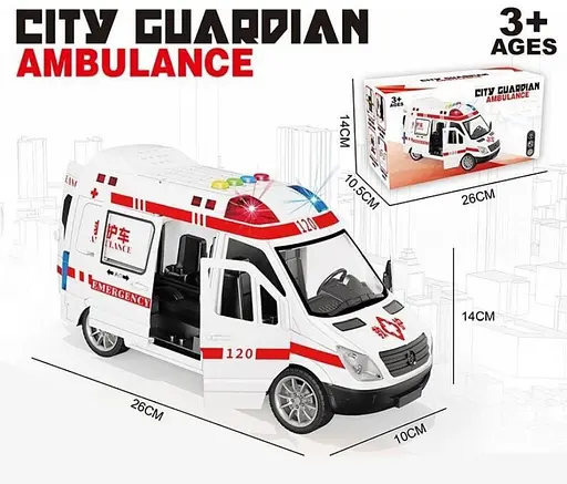 Машина інерційна "Швидка допомога" на батарейках, підсвічування, відчиняються дверцята, звукові ефекти, гумові шини 139-1