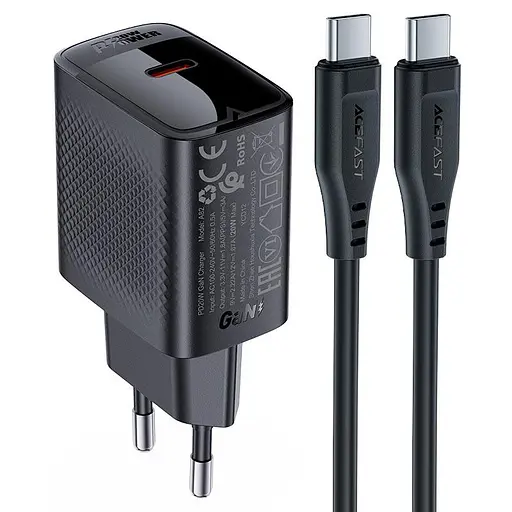 Мережевий зарядний пристрій з кабелем Acefast A82 PD20W GaN single USB-C charger set (P5) (EU) чорний - фото 1