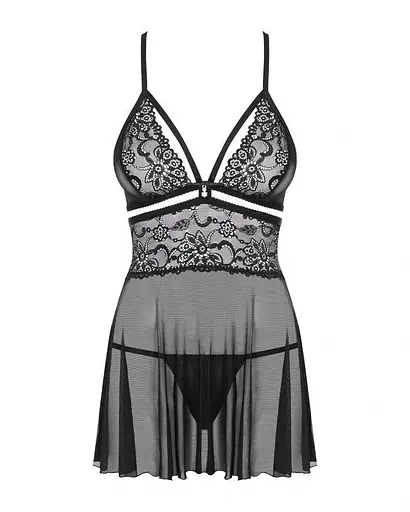 Эротический кружевной комплект с сеточкой Obsessive 838-BAB-1 babydoll & thong black черный пе XXL - фото 6