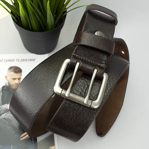 Ремень мужской кожаный JK-4561 широкий коричневый двухшпеньковый (120 см) - фото 2