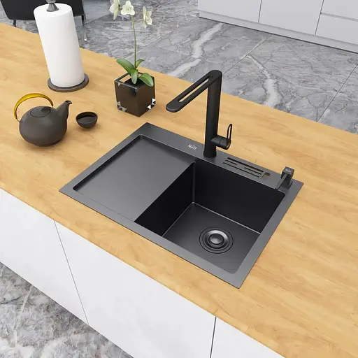 Кухонная мойка черная накладная с левым крылом 1.5 мм Nett NB-6045(L), Черный - фото 3