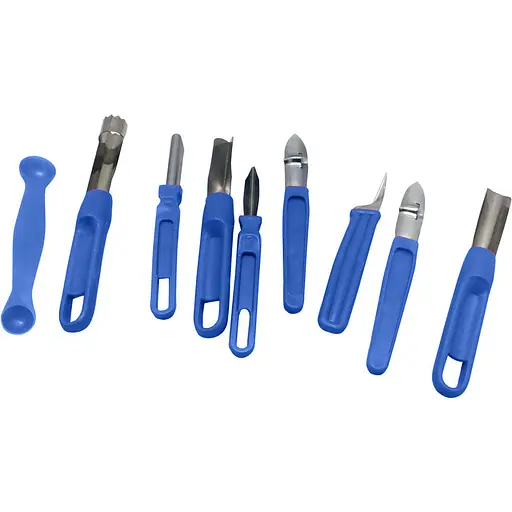 Набор ножей для карвинга (резьба по овощам) 8 штук (пластмассовая ручка, стальное лезвие) + ложка-нуазетка, Kitchette Синий 86556 - фото 1