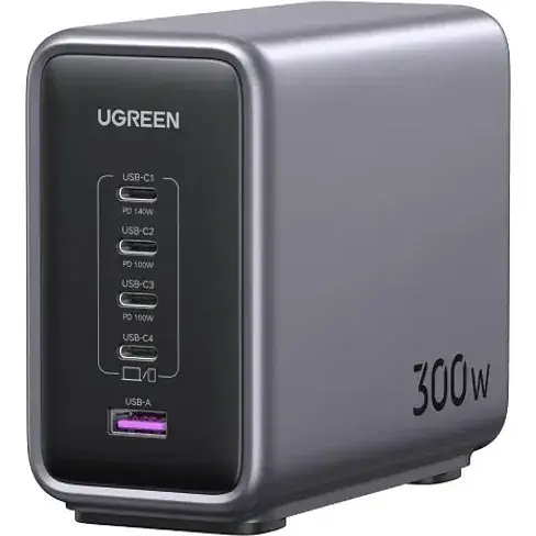 Зарядний пристрій Ugreen CD333 Nex 1U + 4C 300 W GaN адаптер живлення сірий - фото 1