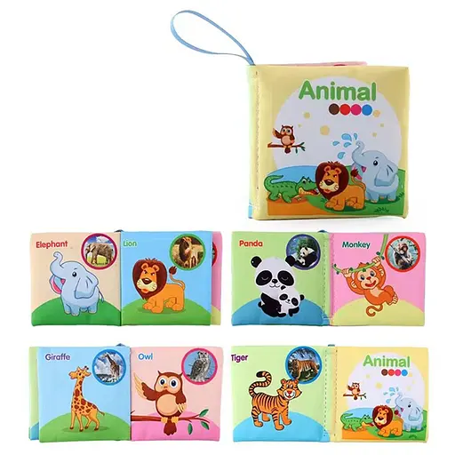 Книга животные, 11x11x2 см, петелька, шуршит, ткань, названия на английском, 11x11x2 см
