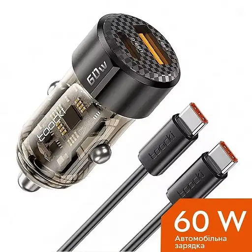 Автомобильное зарядное устройство в прикуривателе Toocki 60W (1 Type-C 30w + 1 USB 30w) с кабилем USB Type-C to Type-C - Black/Transparent - фото 1