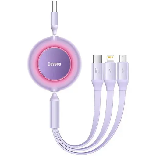 Кабель Baseus Bright Mirror 2 Series Retractable 3 in 1 Fast Charging Data Cable USB to M+L+C 66W 1.1 м Purple - фото 1