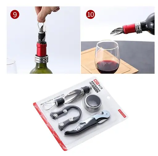 Набор аксессуаров для вина (штопор, пробка для вина, нож для снятия фольги, насадка-аэратор, кольцо от капель) 88297 - фото 4