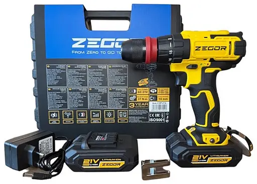 Шуруповерт профессиональный аккумуляторный Zegor CDP-21Q/21В/37 Нм/две скорости/2 батареи 21 В 2 Ач/реверс/подсветка/кейс
 - фото 1