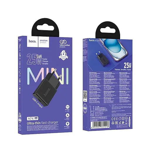 Адаптер сетевой HOCO Speed ​​single-port PD ultra-thin charger N74 |1Type-C, 25W/3A, PD/QC| - фото 2