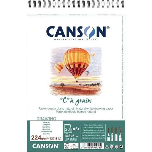 Альбом для ескізів та рисунку на спіралі Canson Càgrain 224г/м2 30л білий папір - фото 1