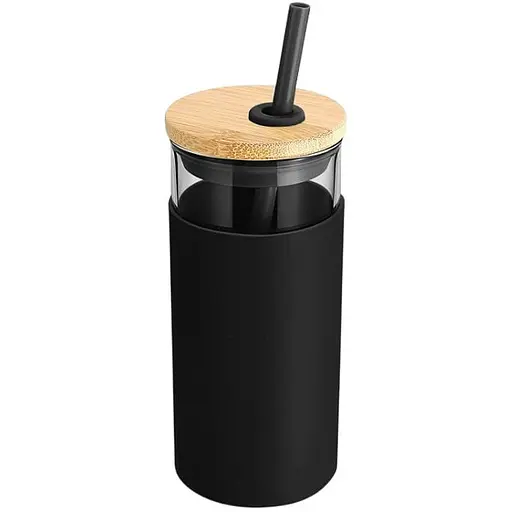 Скляна пляшка OldBro з силіконом 20oz з бамбуковою трубочкою black 550 мл