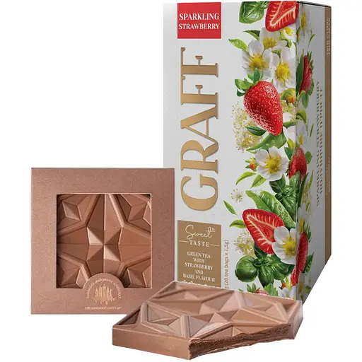 Набір: чай зелений Graff Sparkling Strawberry з ароматом полуниці та базиліка 20 шт. x 1.5 г + шоколад Львівська Майстерня Шоколаду молочний з кавою 74 г