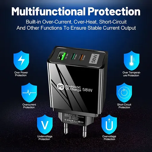 Зарядний пристрій Mirrow USB 2-Type-C Super Charge/Quick Charge 3.0 PD 58W Black (КУ050840) - фото 3