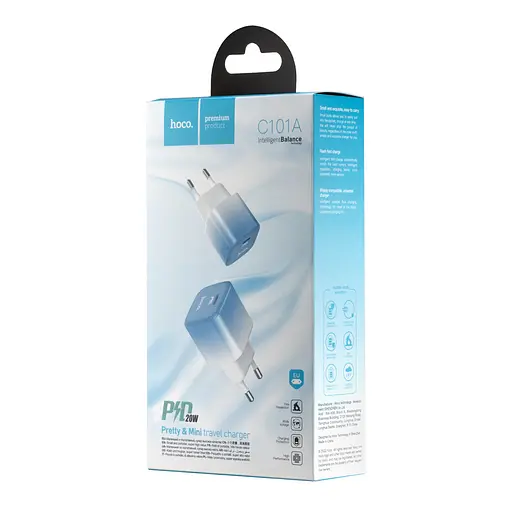 Адаптер зарядний - блок живлення Hoco C101A single port PD20W charger біло-синій - фото 2