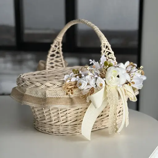 Пасхальная корзина 38х28см hand-made MIS LT бежевая с бежевым декором большая - фото 2